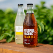 Certified Organic Black Tea and Certified Organic Lemonade in glass Tractor Beverage bottles .